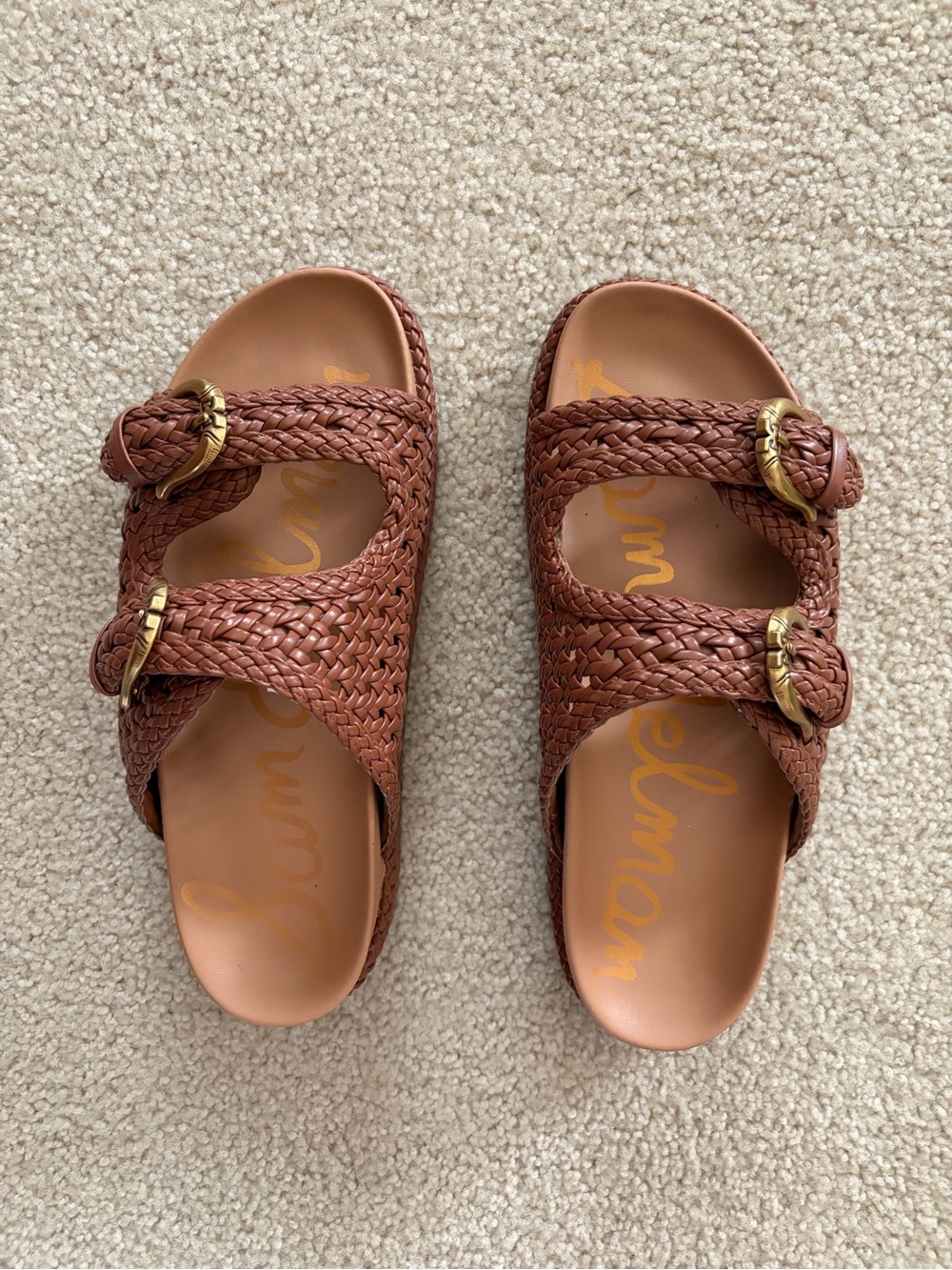 Sam Edelman Woven Double-Buckle Slide Sandals in Cognac